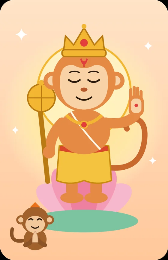 Hanuman ji standing on a pink lotus with a golden halo, hand raised in blessing, with Chotu at his feet with folded hands